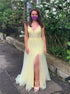 A Line Yellow V Neck Tulle Appliques Prom Dress with Slit LBQ4065